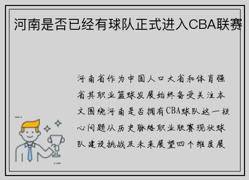 河南是否已经有球队正式进入CBA联赛