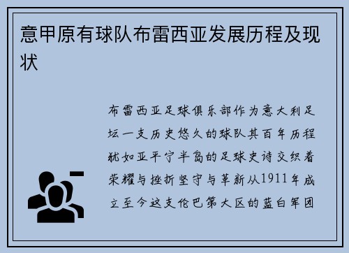 意甲原有球队布雷西亚发展历程及现状